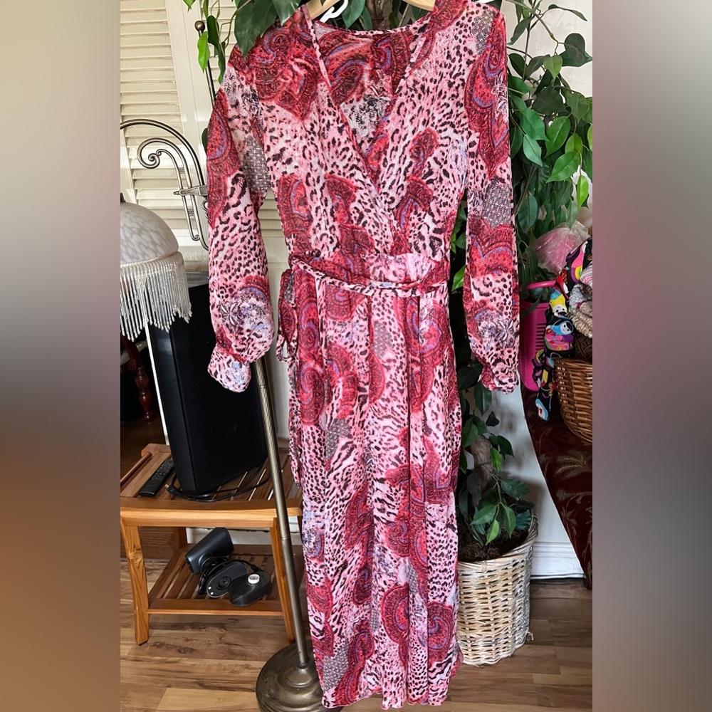 White and Pink Tie Front Maxi Dress with Bishop Sleeves